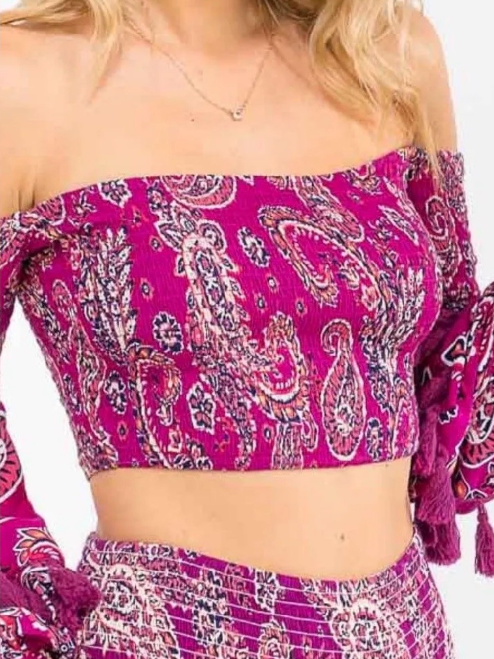 Magenta Paisley Off-Shoulder Crop Top and Palazzo Pants with tassels